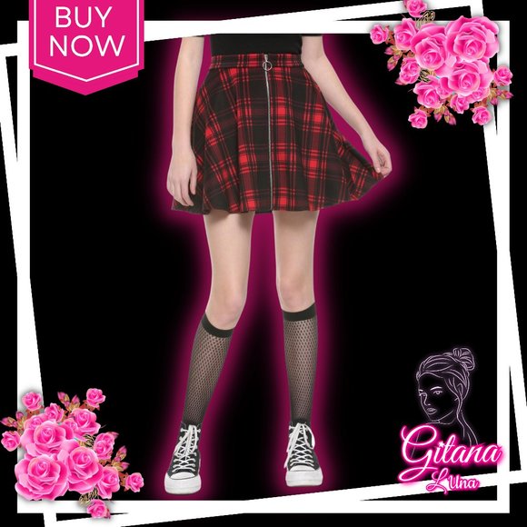 Black & Red Plaid O-Ring Skater Skirt - Picture 2 of 5